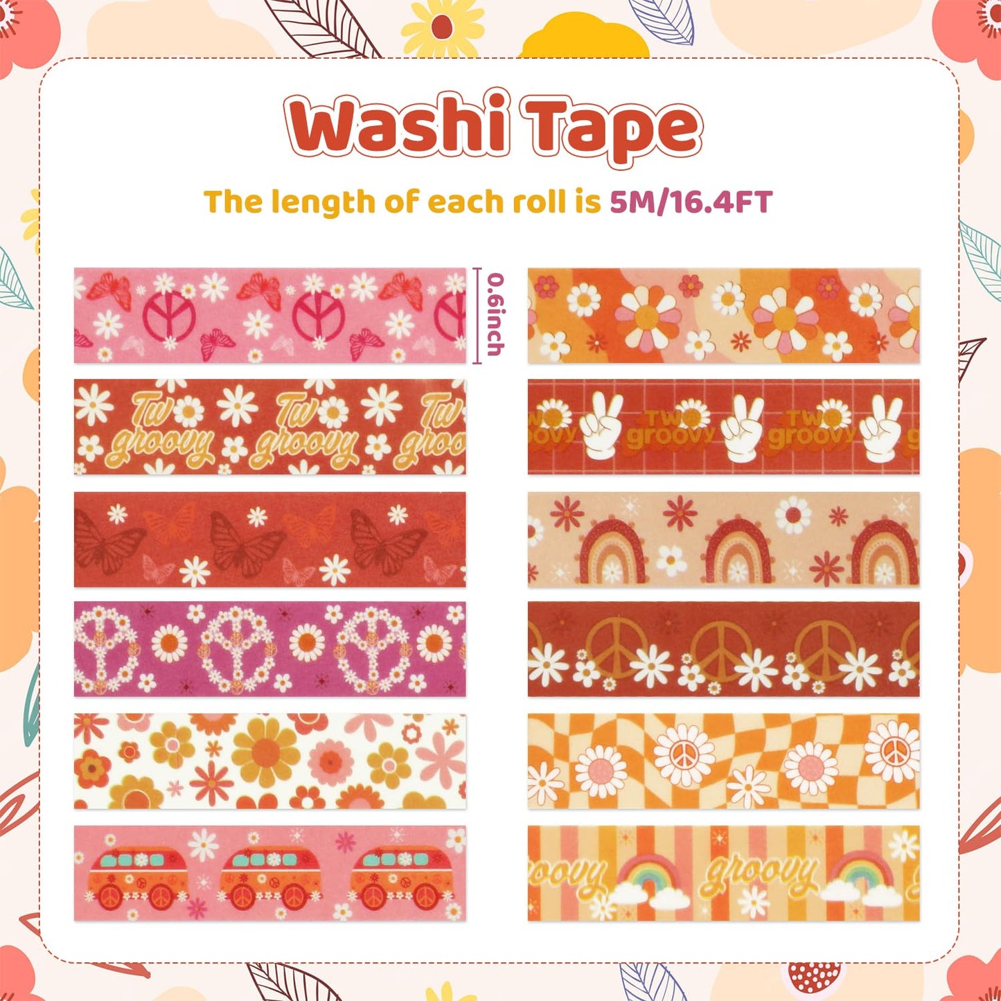 12 Rolls Washi Tape Set, Retro Boho Flower Butterfly Masking Tapes, Doodle Hand-Drawn Decorative Adhesive Tapes for Painters, Planners, Scrapbook, school Supplies, DIY Art Crafts, Gift Wrapping 16.4Ft