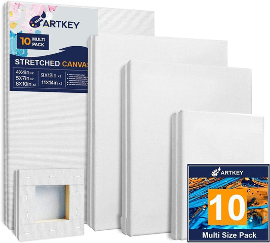 Stretched Canvases for Painting 4x4, 5x7, 8x10, 9x12, 11x14 Inch 10-Pack, 10 oz Triple Primed Acid-Free 100% Cotton Blank Art Canvas for Oil Paint Acrylics Pouring & Wet Art Media, Pour Painting
