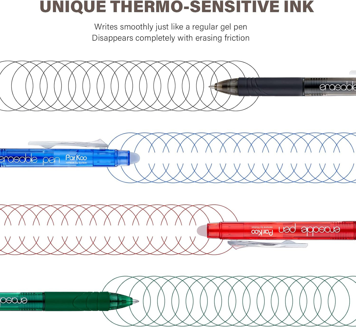 ParKoo Retractable Erasable Gel Pens Clicker Fine Point 0.7 mm, No Need for White Out, 8 Black/2 Blue/2 Red Ink for Completing Sudoku and Crossword Puzzles, 12-Pack