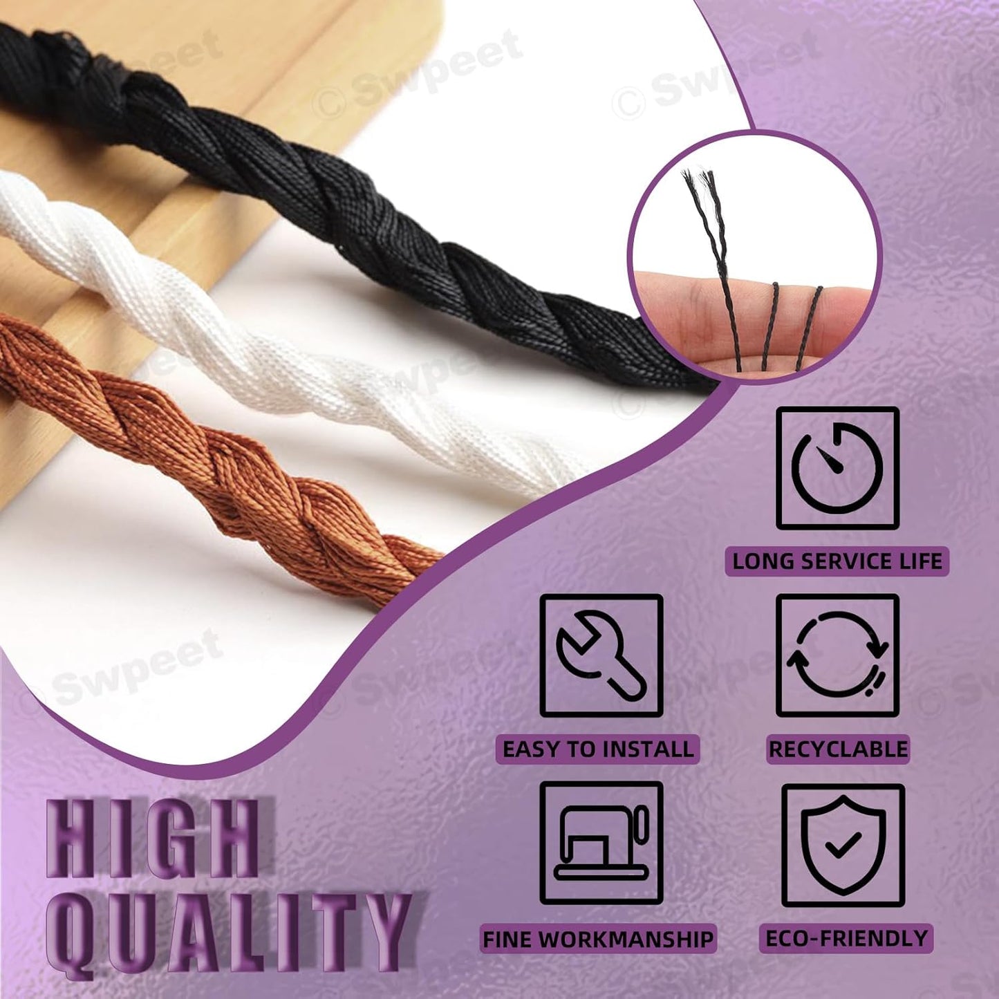 Swpeet 10Pcs Portable Copper Handle Canvas Leather Sewing Awl Needle and 3 Colors Nylon Waxed Thread Cord with Thimble Assortment Kit, Leather Sewing Tools for Canvas, Shoe and Leather Repair