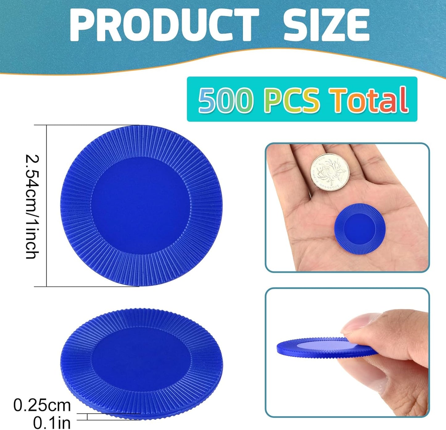 Coopay 500 Pieces Plastic Poker Chips, 1 Inch Bingo Chips Bulk Learning Counters Disks Poker Card Game, Counting Markers for Math Practice, Game Tokens and Teaching Rewards, 25 mm (Blue)