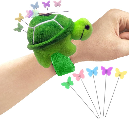Cute Turtle Wrist Pin Cushion for Sewing with Magnetic, Snap Bracelet Wrist Bands for Pins and Needles Include 50 Lovely Butterfly Straight Pins.
