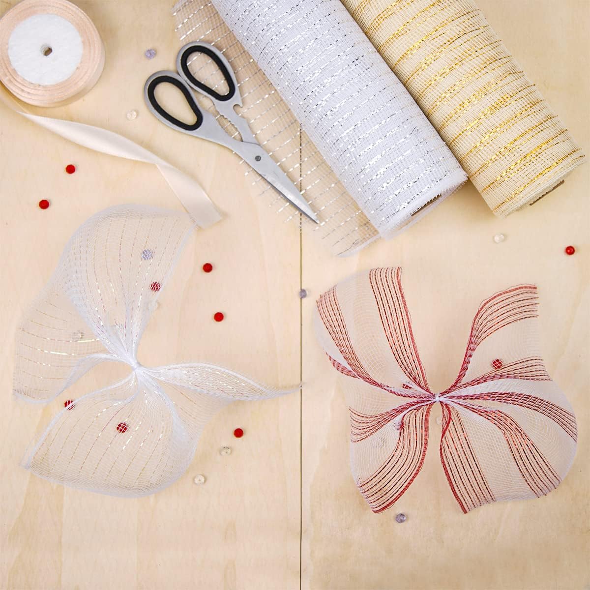 Anivia Deco Mesh Ribbon, 10inch x 30 Feet Each Roll Metallic Foil Mesh Ribbon for Wreaths Swags, Holloween, and Christmas Tree Decoration (Ivory/Gold Foil)