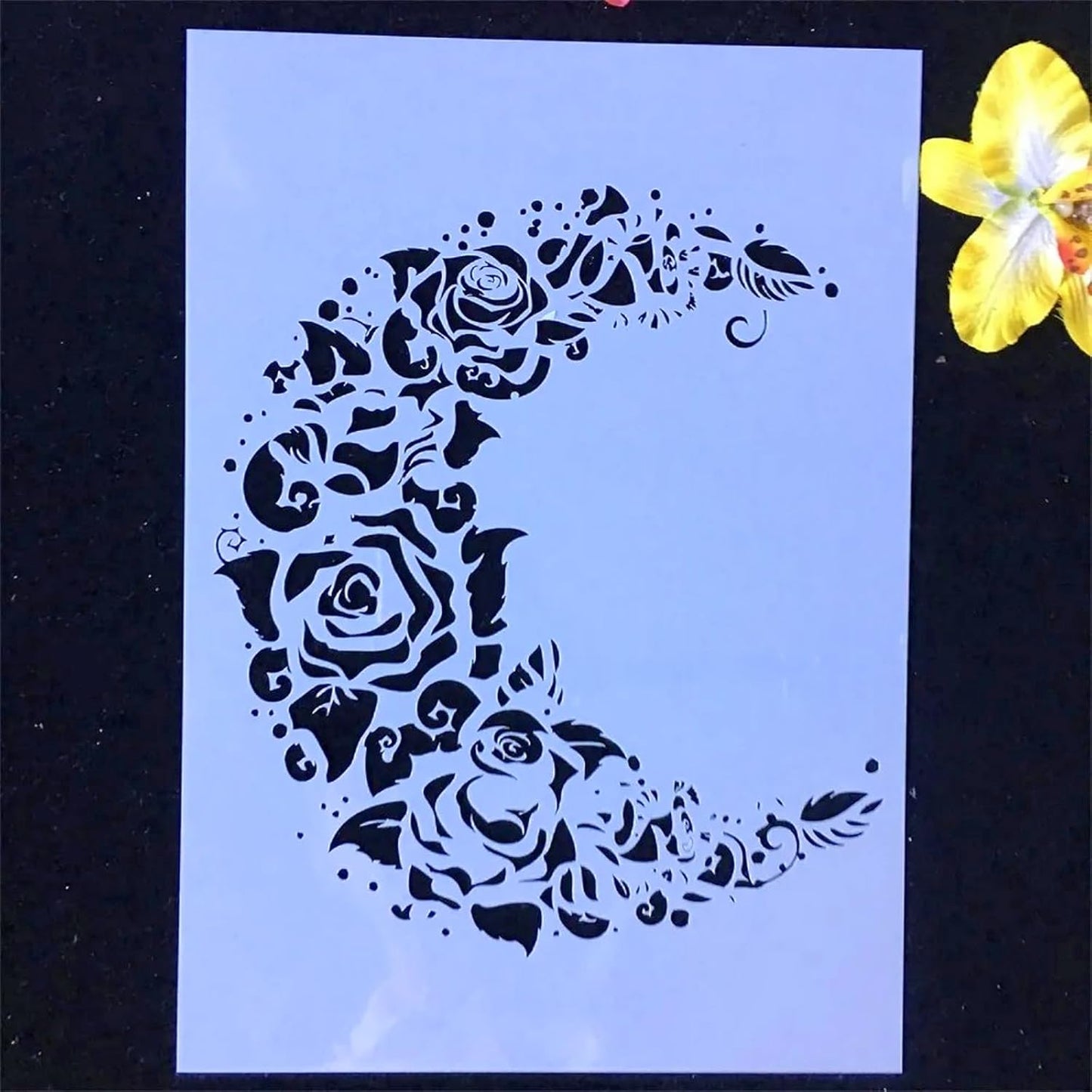 TIAMECH A4 Reusable Moon Flower Stencil for Painting - Rose Crescent Layering Template, DIY Wall Art, Wood Furniture, Scrapbook & Crafts (8.3x11.7inch)