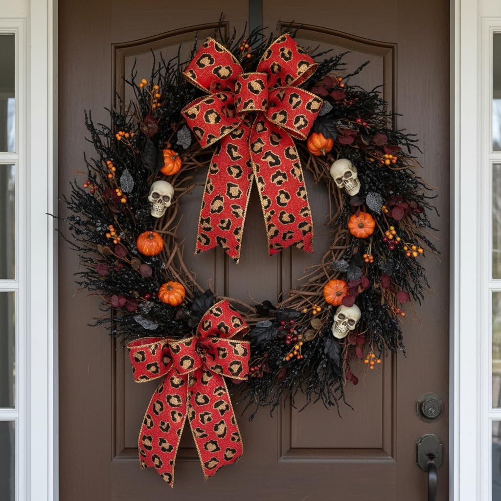 CT CRAFT LLC Burlap Leopard Fabric Wired Ribbon 2.5" x 10 Yards Red with Black and Gold Color for Christmas Home Wedding Decor Gift Wrapping Tree Topper Bow Wreath Bouquet DIY Crafts