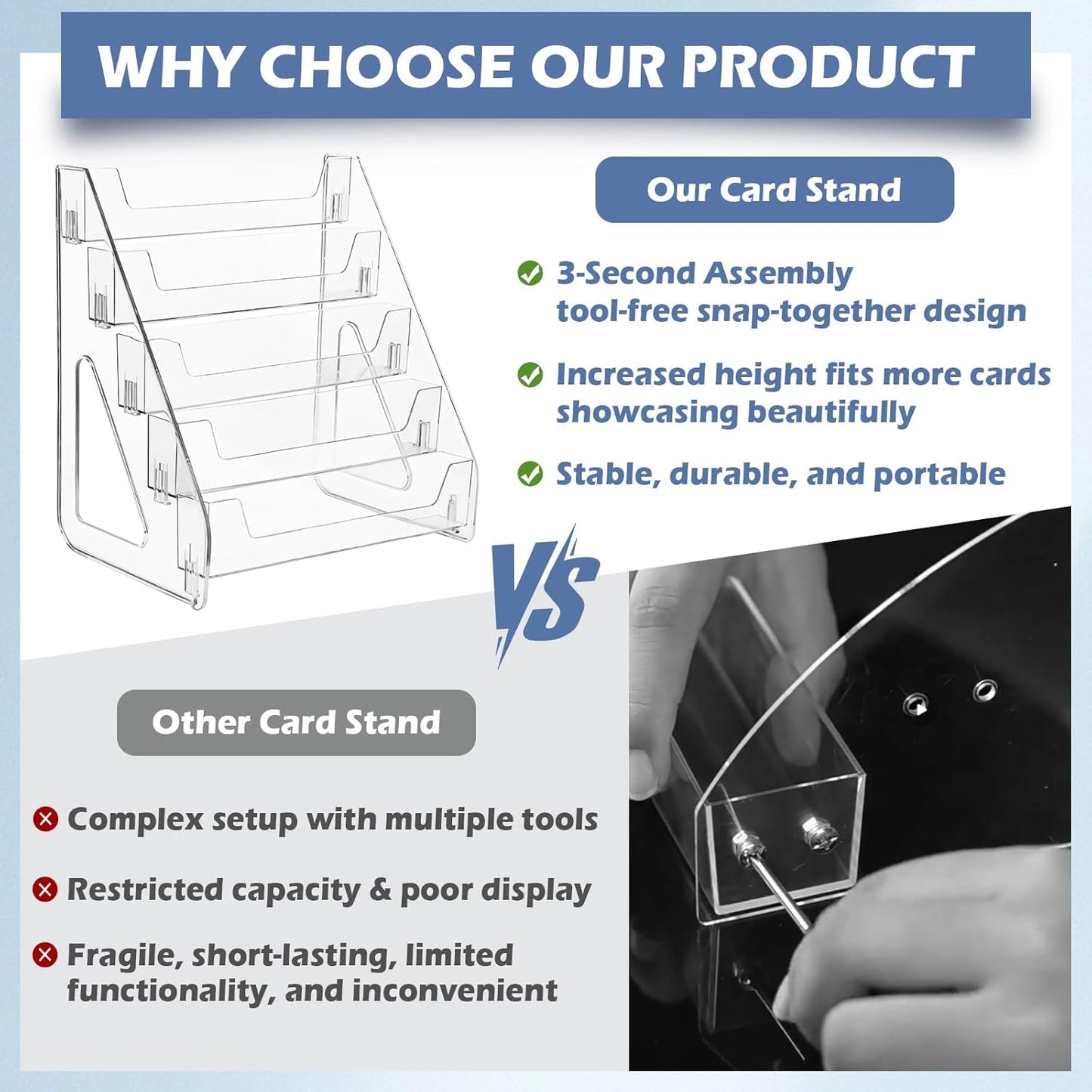 Upgraded 5 Tier Acrylic Card Display Stand, Clear Display for Greeting Cards, Sports Cards, Postcards, Stickers & Brochures, Easy Snap-On, Increased Height & Thickness for Better Presentation