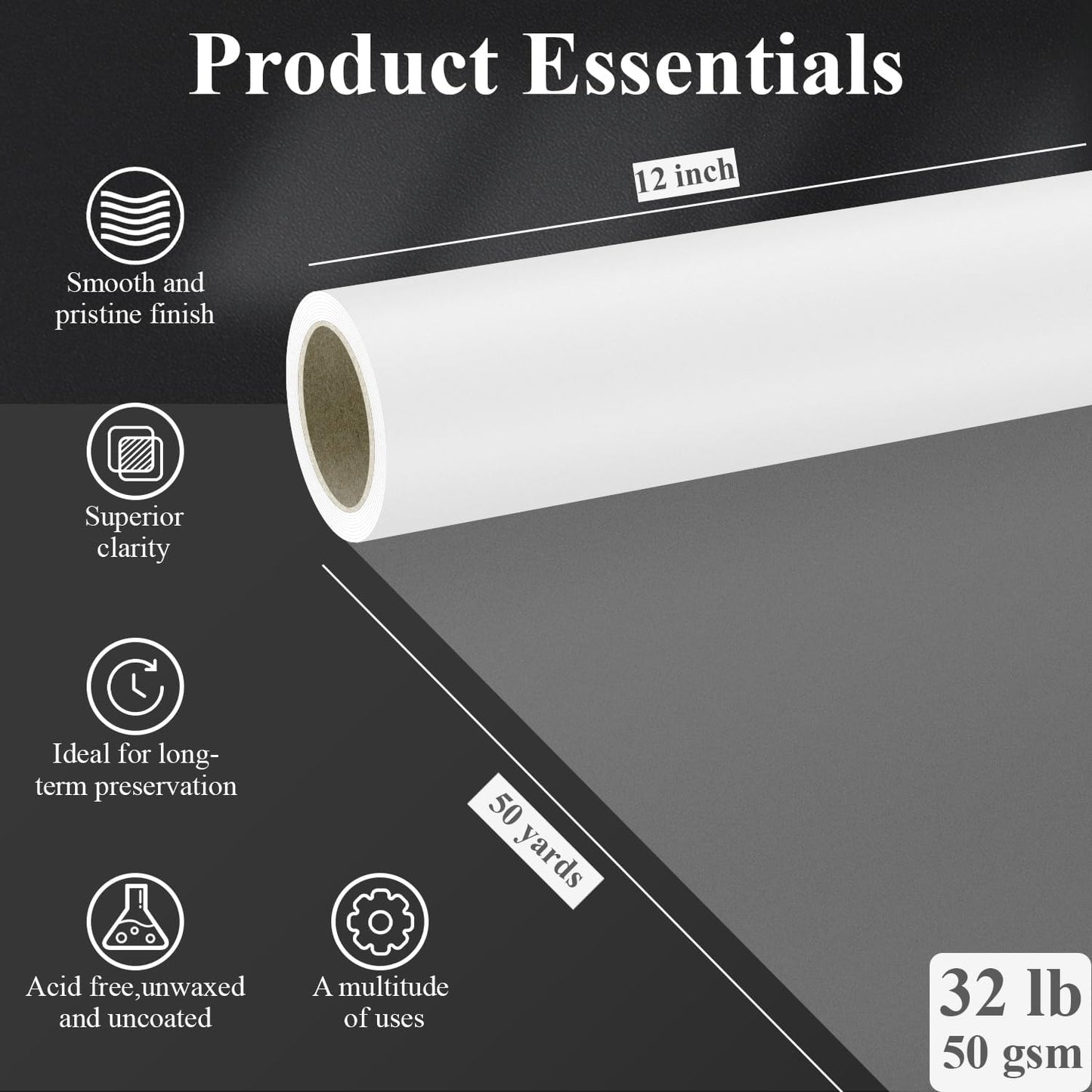 SuFly Tracing Paper Roll, 12 Inch x 50 Yards Trace Paper Roll, 32 lb White Art Paper Translucent Pattern Paper for Sewing, Drawing, Sketching, and Gift Wrapping.