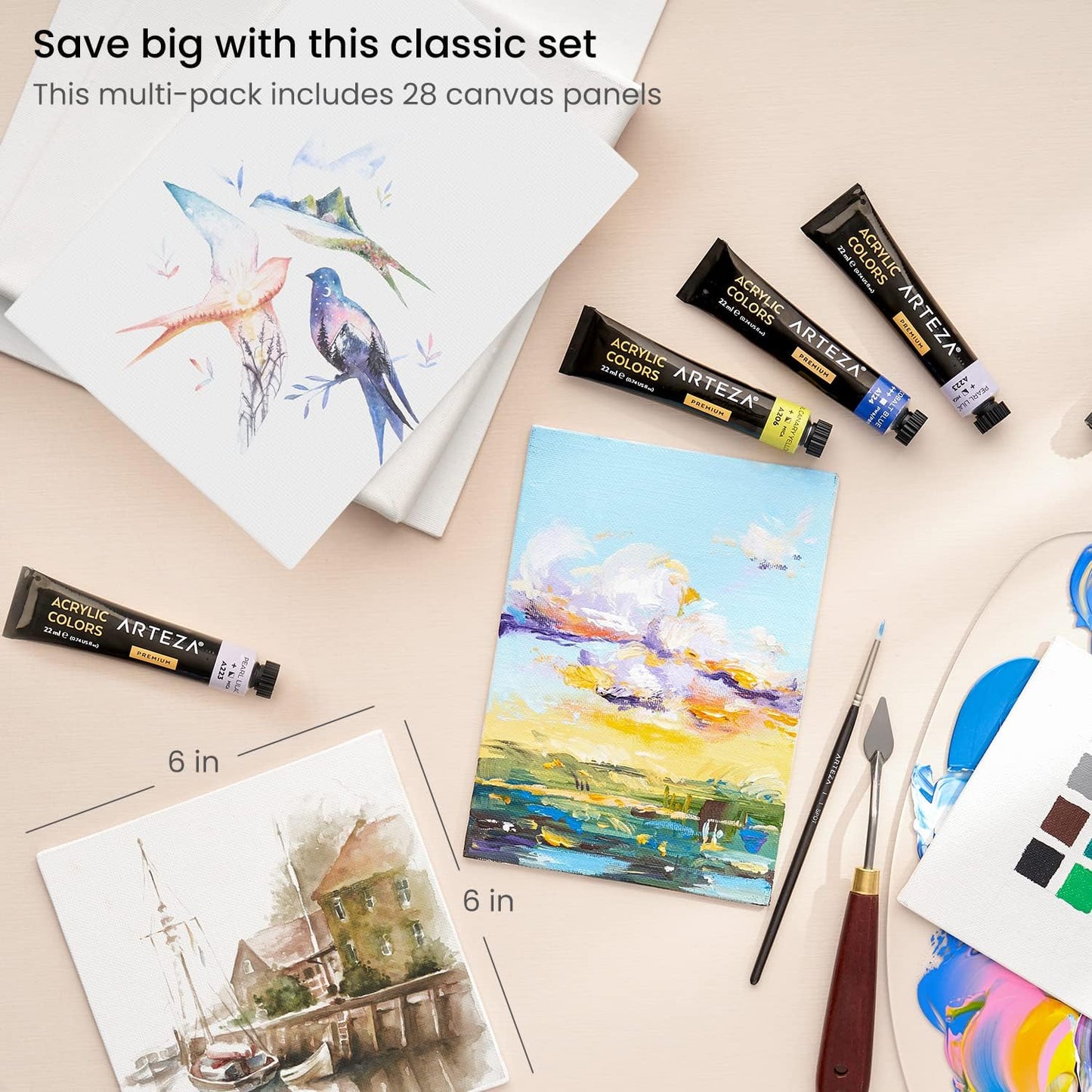 ARTEZA Canvas Boards for Painting, 6 x 6 Inches, Pack of 28, Blank White Small Canvas Panels for Acrylic, Oil and Gouache Painting