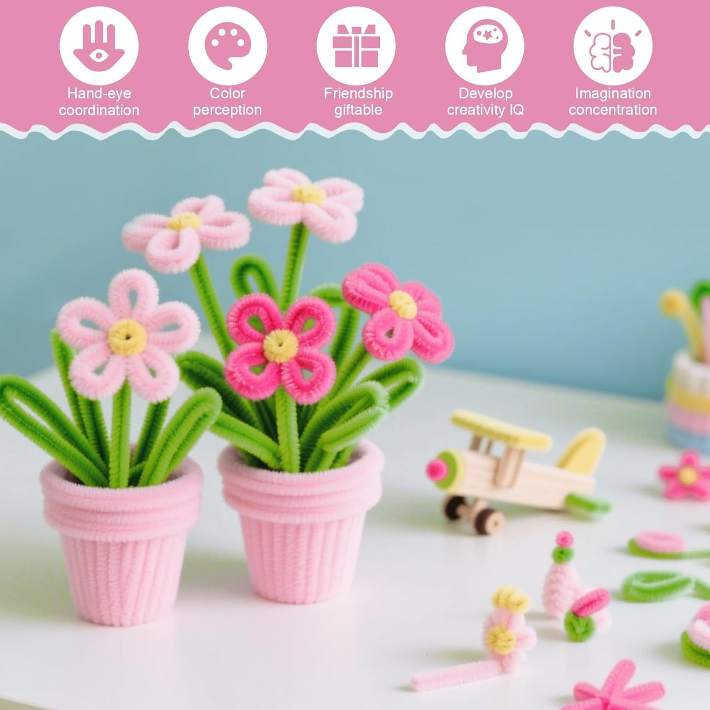 Rarapop 400 Pcs Pipe Cleaners Bulk Chenille Stems for DIY, 4 Assorted Colors Flower Making Kit with Floral Wires, Gardening Tape,Stamen and Ribbon for Art and Craft Projects