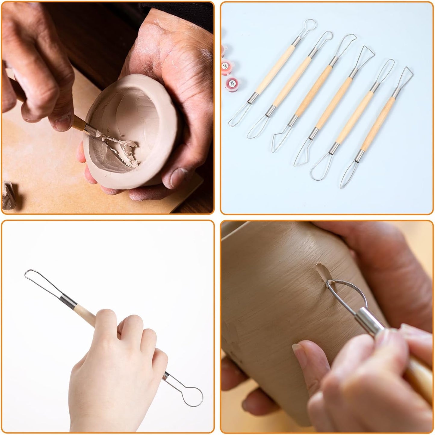 6Pcs Clay Sculpting Tools Ceramic Pottery Clay Ribbon Sculpting Tools Wooden Handle Sculpting Tools Kit Pottery Trimming Detail Tool Wire Loop Sculpture Set for Wax Carving Modeling