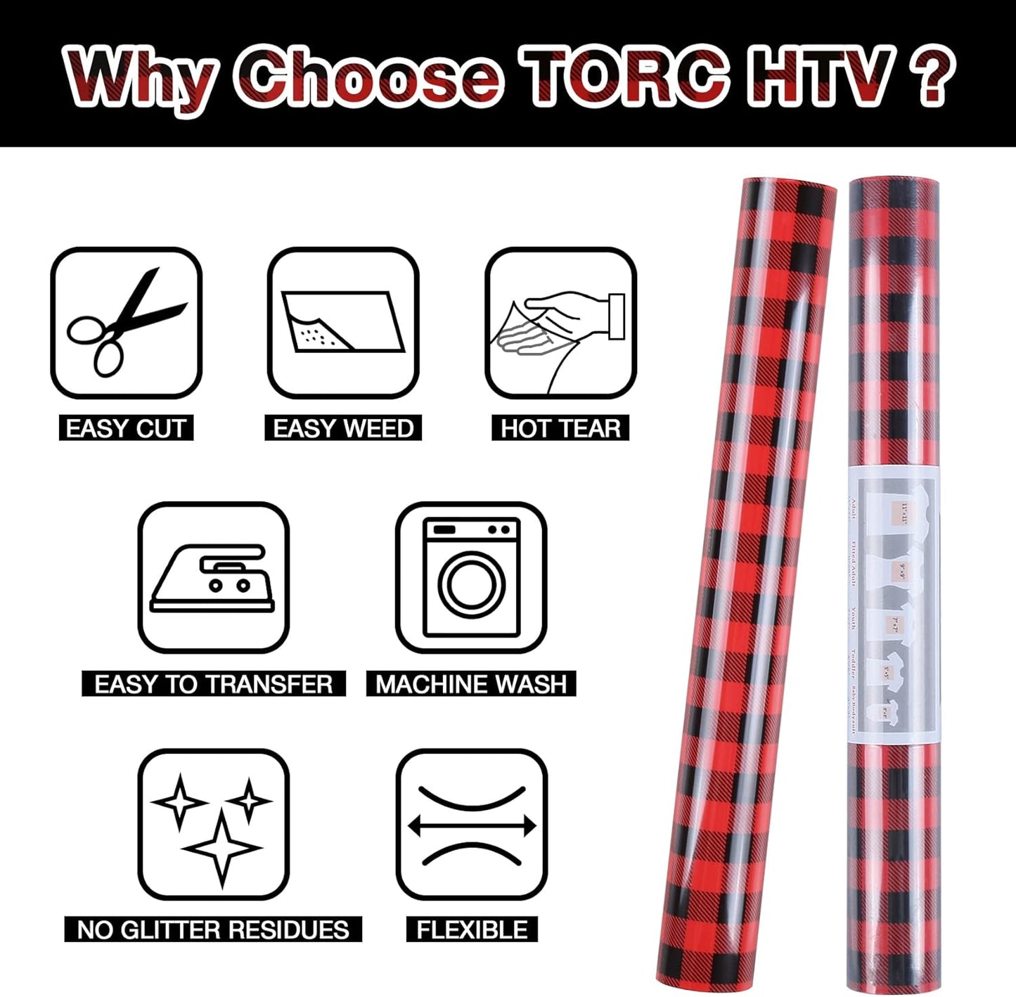 TORC Red Black Buffalo Plaid HTV Vinyl 12 inch x 10 ft, Check Heat Transfer Vinyl Iron on Transfers for Christmas