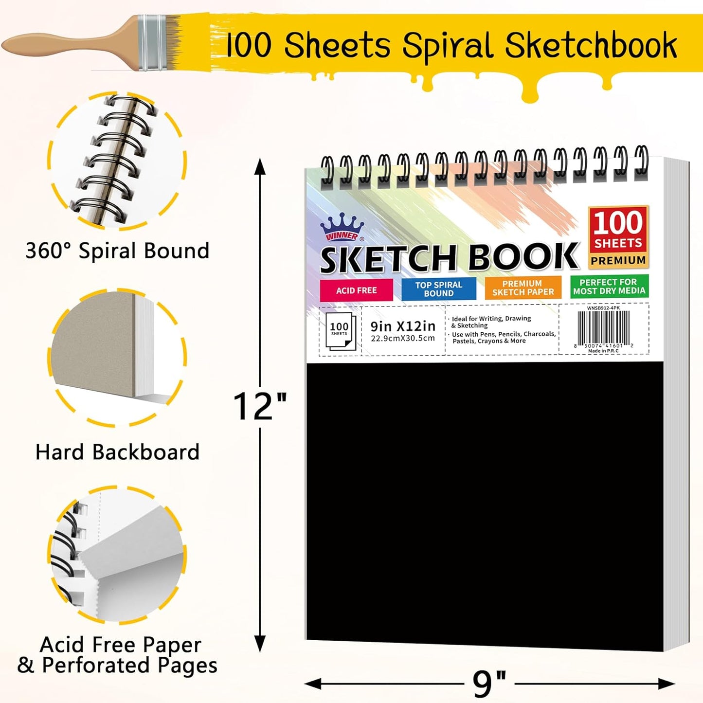 WINNER 9" x 12" Sketch Book 4 Pack, 400 Sheets Spiral Bound Art Sketchbook, 68lb/100gsm White Acid Free Drawing Pad, Painting Drawing Writing Sketch Pad, Art Supplies for School, Kids, Adults &Teens