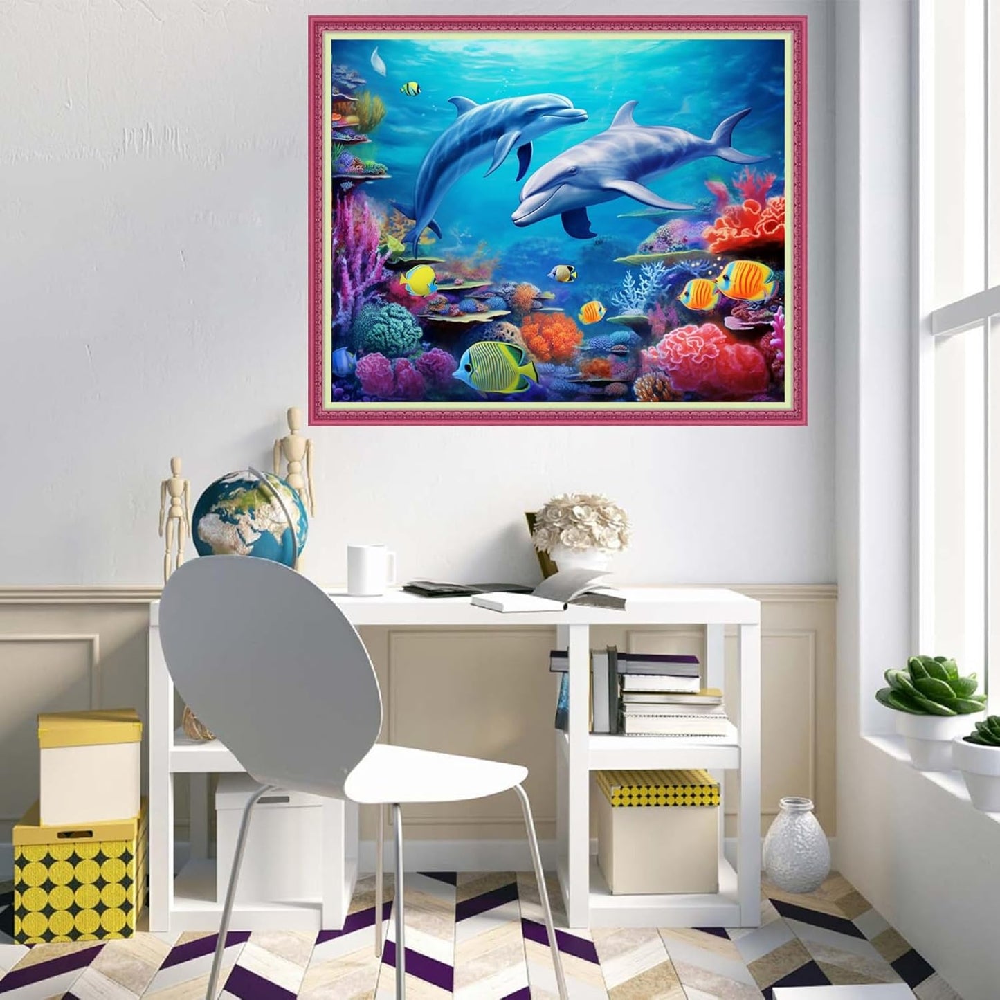 Disnesart Cross Stitch Stamped Full Embroidery Kits DIY 11CT Cotton Thread Printed DIY Needlepoint Kits Craft Needlework Set Cross-Stitch Stamped Sets-Dolphin Underwater World 16x20 inch