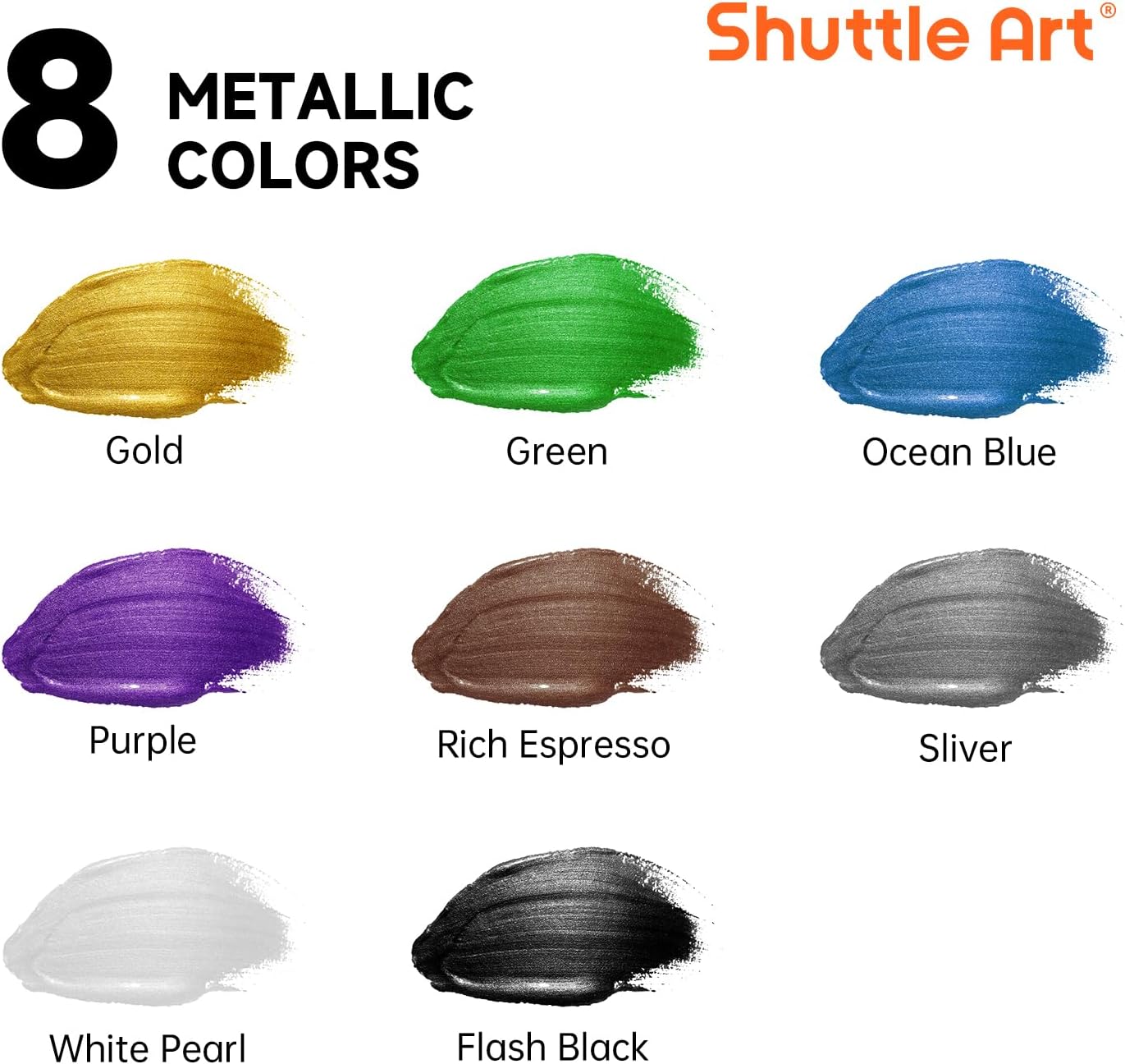 Shuttle Art 8 Colors Metallic Acrylic Paint, 250ml/8.45oz Bottles Acrylic Paint Set, Rich Metallic Shade, Bulk Painting Supplies for Artists, Beginners and Kids Painting on Rocks Crafts Canvas Wood