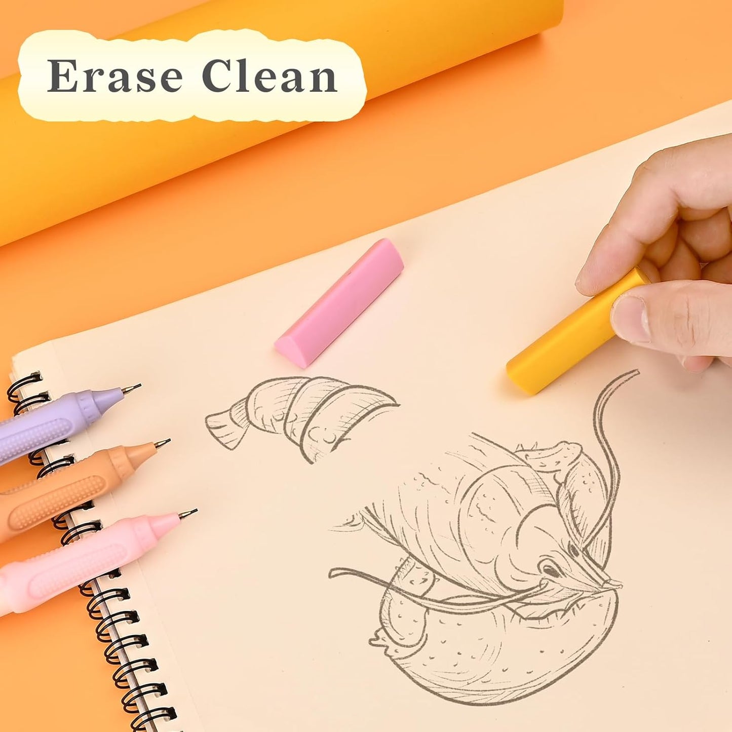 Temiary Cute Mechanical Pencil Set with Case, 6 Pcs Medium Point 0.9 mm Pencils with 2 Tubes HB Lead Refills, 4 Pcs Erasers for School Supplies Student Writing, Drafting Drawing Sketching (Pastel)