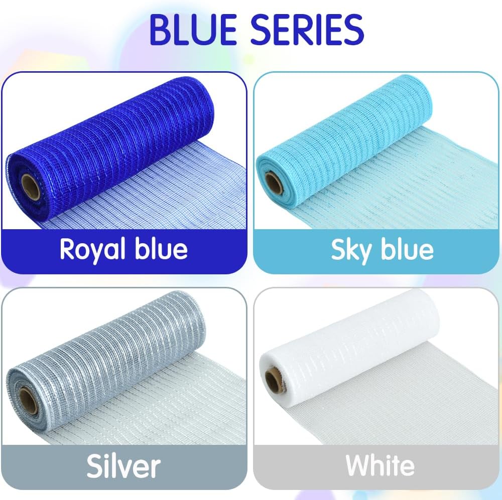 TONIFUL 4 Rolls 10 Inch Blue/Silve/White Decorative Mesh Ribbbon Rolls, for Wreath Supplies Front Door Wreath Craft Tree Decor Christmas NewYears Blue Decoration (30ft/roll, 120ft/Set)