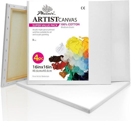 PHOENIX Stretched Canvas for Painting 16x16 Inch/4 Value Pack, 8 Oz Triple Primed 5/8 Inch Profile 100% Cotton White Blank Canvas, Square Framed Canvas for Oil Acrylic & Pouring Art