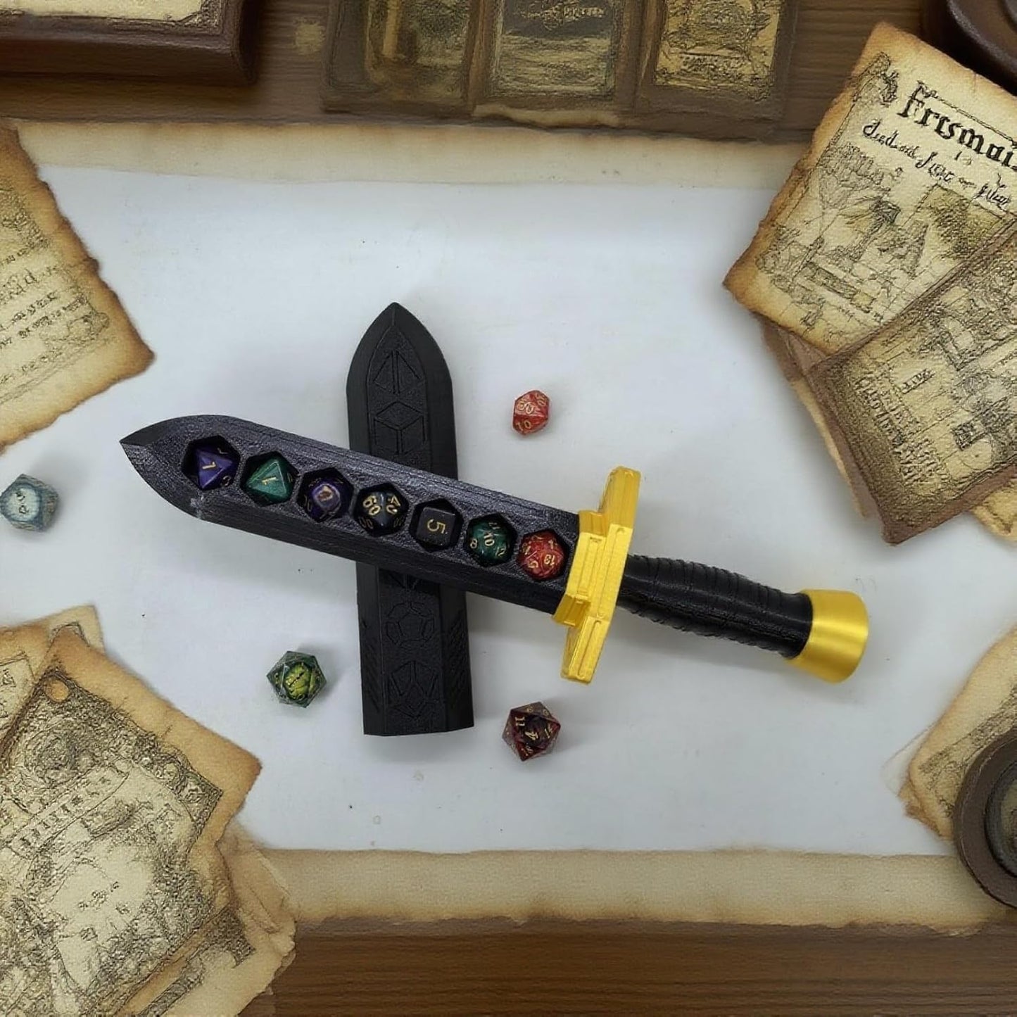 Dagger Dice Holder Box Dice Tower Dungeons and Dragons RPG Tabletop Roleplaying Game Jail DND (Random 7PCS D20 Dice Set Included) Black&Black&Gold