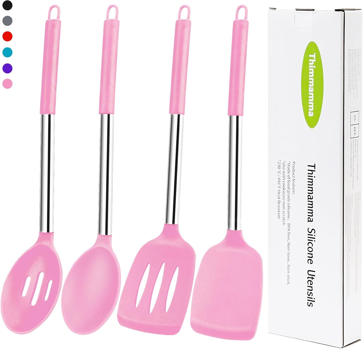 Silicone Spatula Spoon Set, 4 PCS Silicone Cooking Utensils Spatula Spoon Set with Stainless Steel Handle, BPA Free Kitchen Turners for Frying, Mixing, Serving, Draining, Turning, Stirring, Pink