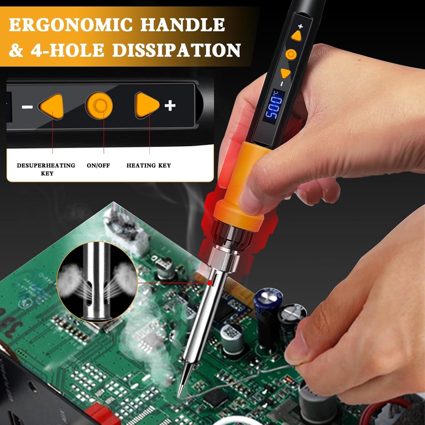Soldering Iron Kit,80W LED Display Adjustable Temperature Soldering Iron Kit with Automatic Sleep Mode, Includes 5 Tips, Solder Wire, Stand, Flux - Professional Orange Welding Tool for Repair and DIY