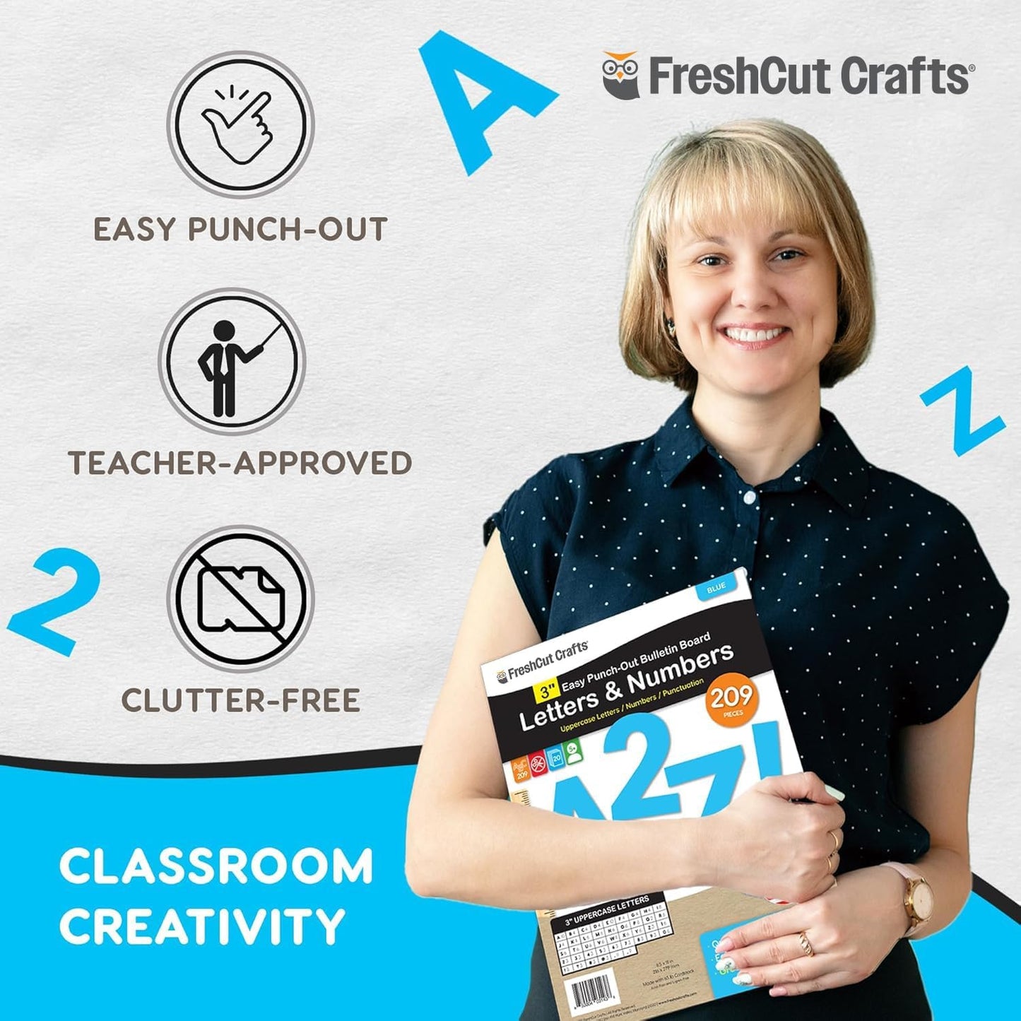 209 Pcs 3" Blue Bulletin Board Letters & Numbers, Capital Letters, Numbers, Punctuation, US Made Card Stock Punch Out Letters for Poster, Bulletin Board, Classroom - Precut Letters & Numbers