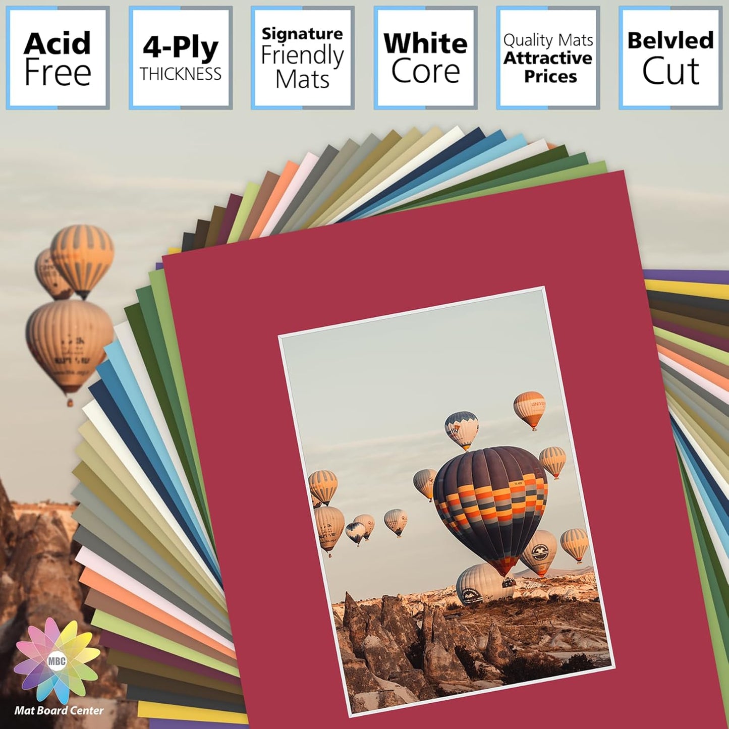Mat Board Center, Pack of 25, 8x10 for 5x7 Mix Color Picture Mat Sets - Acid Free, 4-ply Thickness, Bevel Pre-Cut White Core - Includes Backing Boards and Clear Bags - for Pictures, Photos, Framing