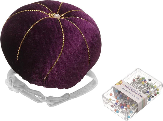 HARFINGTON Wrist Pin Cushion Wristband Sewing Pincushion Polyester Pin Holder Wearable Pumpkin Shaped Needles Wristband with 100 Head Needles for Sewing Quilting DIY Crafts, Purple