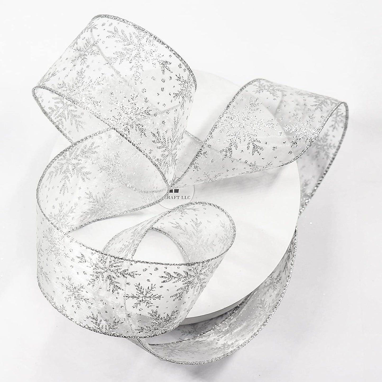 CT CRAFT LLC Organza with Silver Glitter Snowflakes Wired Ribbon 2.5 inch x 50 Yards for Christmas Home Decor Tree Topper Bow Gift Wrapping DIY Crafts Wreath Garland Wedding