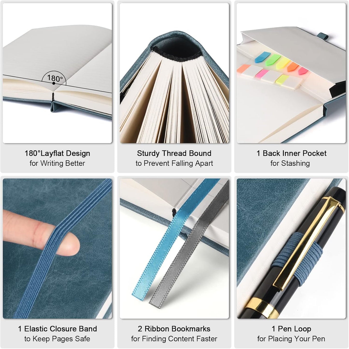 College Ruled Notebook, Large B5 Lined Journal Notebook, 314 Numbered Pages Work Notebook with Index Stickers, 100gsm Paper, Hardcover Vegan Leather Journal for Women Men School Office, Grey Blue