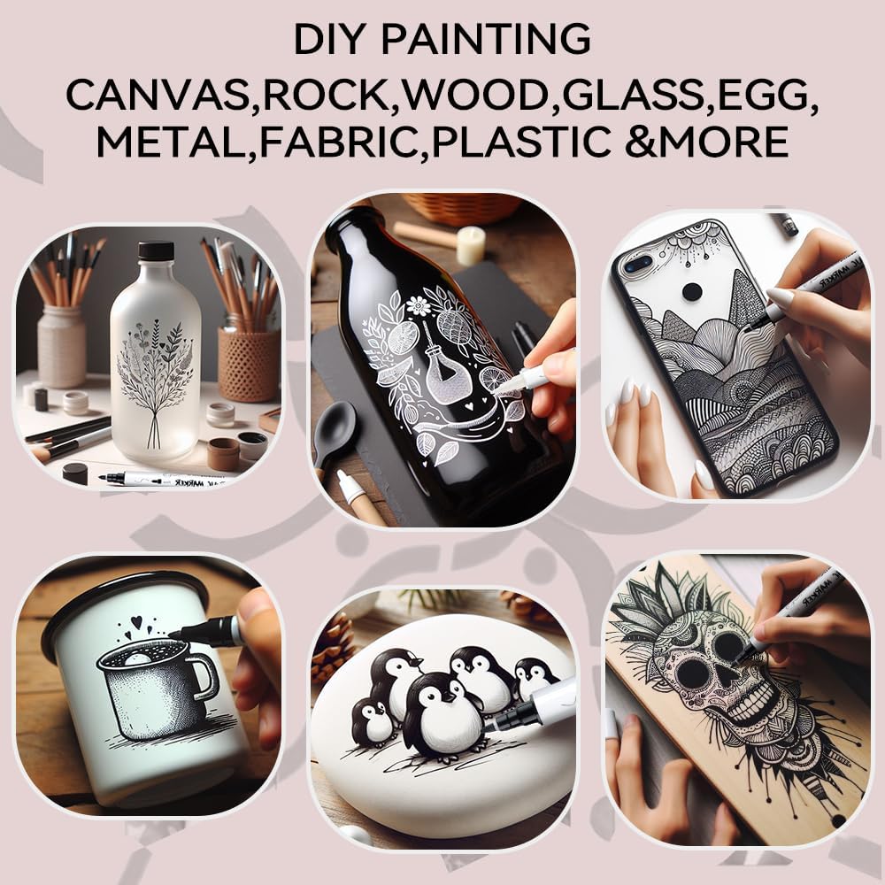 TRANSON 4 Black and 4 White Paint Markers Bold and Fine Dual-tip Acrylic Paint Marker Set for Rock Painting Glass Canvas Wood Leather Ceramic Painting