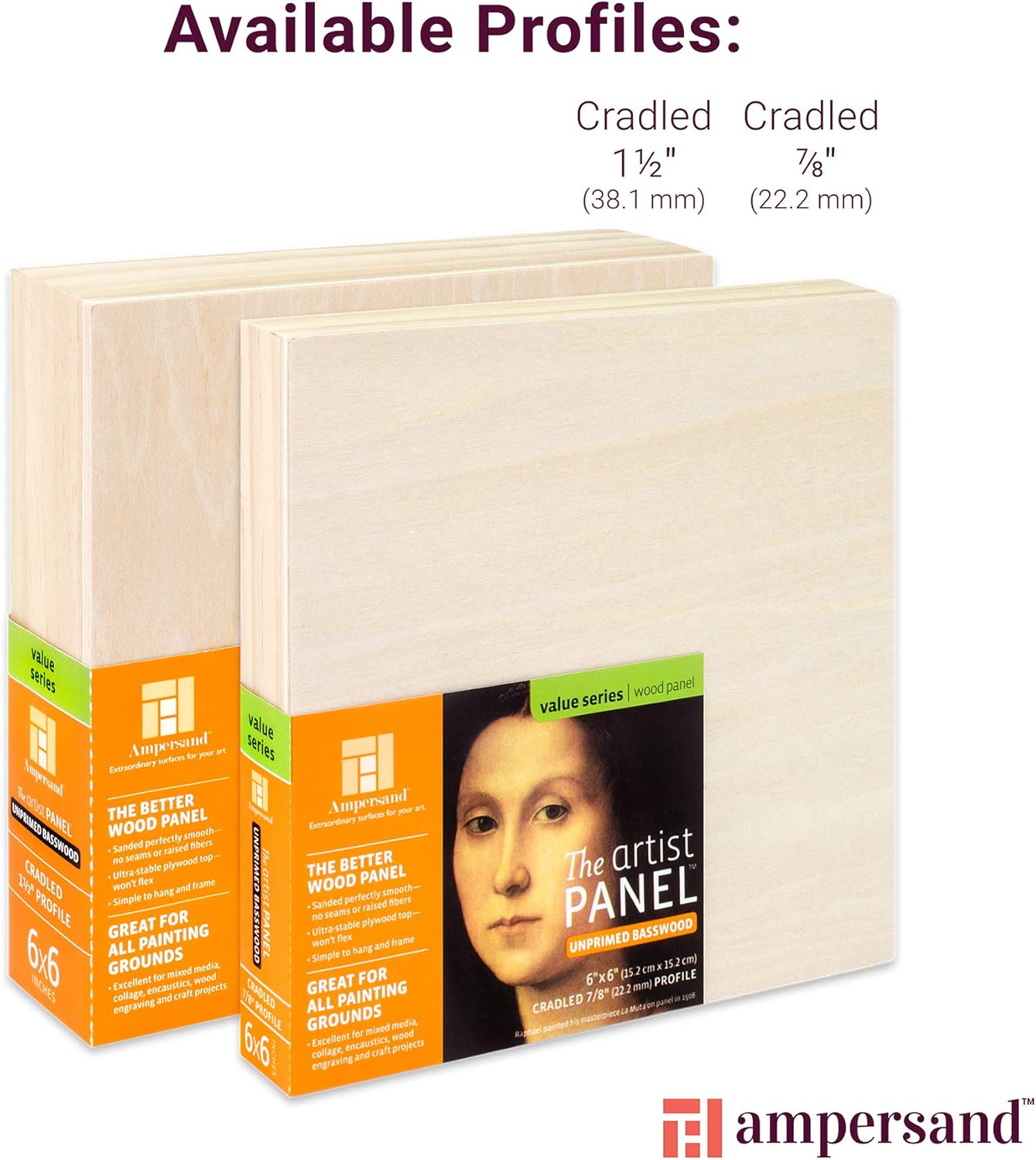 Ampersand Art Supply Unprimed Basswood Artist Panel, 1-1/2" Cradled Profile 11"x14"