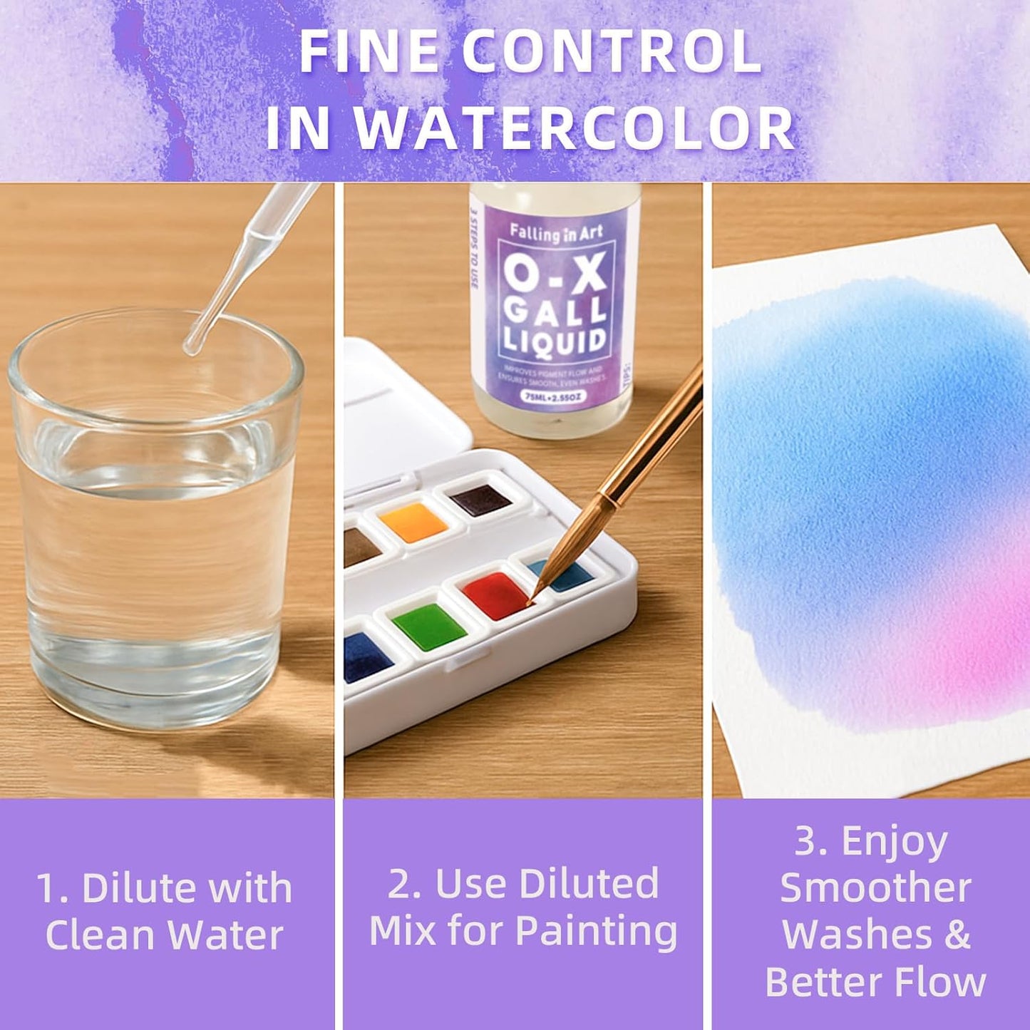 Falling in Art Ox Gall Liquid, Watercolor Medium, Ox Gall for Watercolor Painting, 2.5 Oz Bottle