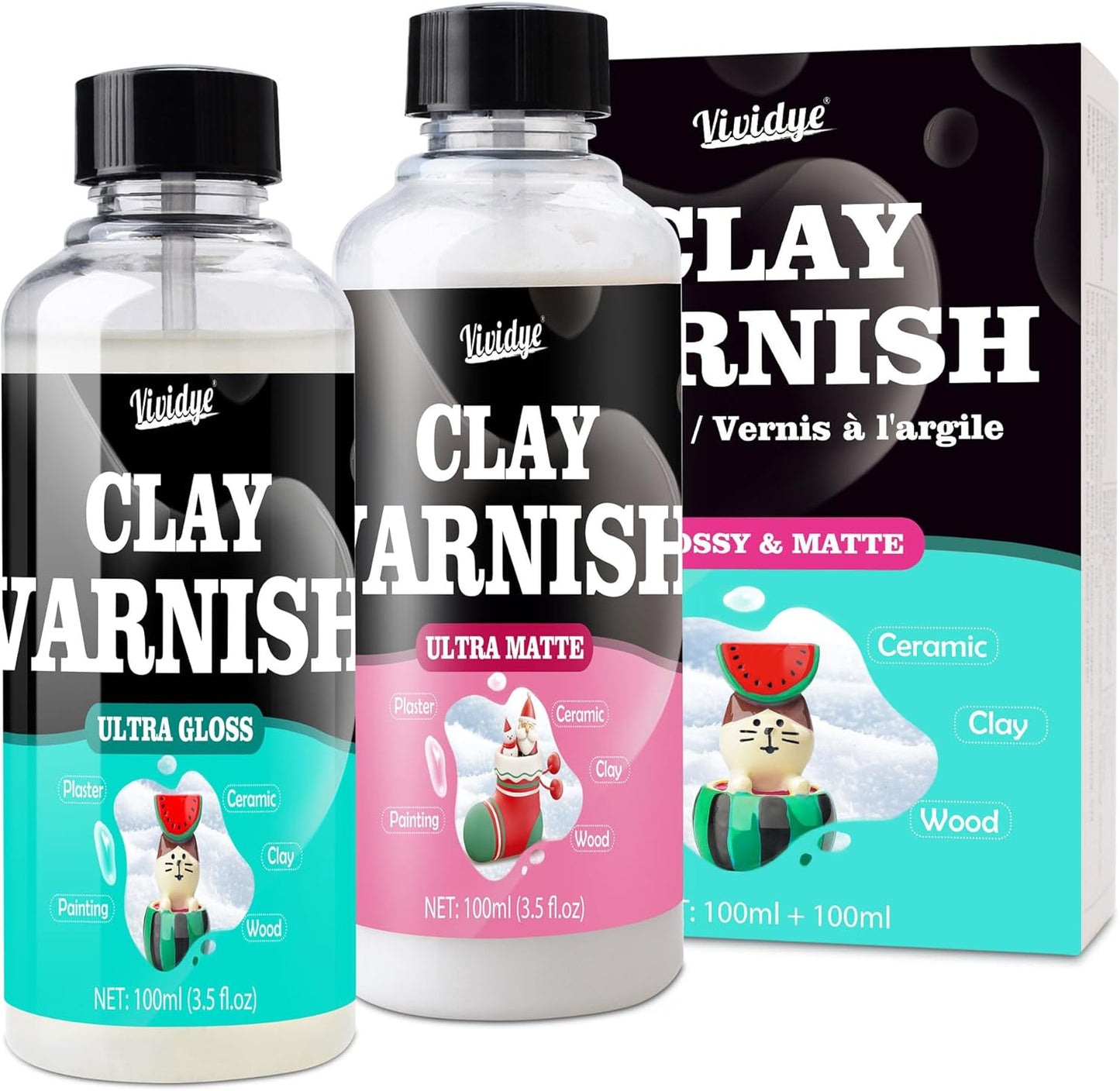 Air Dry Clay Glaze Kit - 2x100ml High Gloss Matte Varnish Sealant, Super Glossy Polymer Clay Glaze, Prevent Scratch Resistant, Yellowing, Waterproof - Clay Paint Kit for Pottery, Wood, Painting