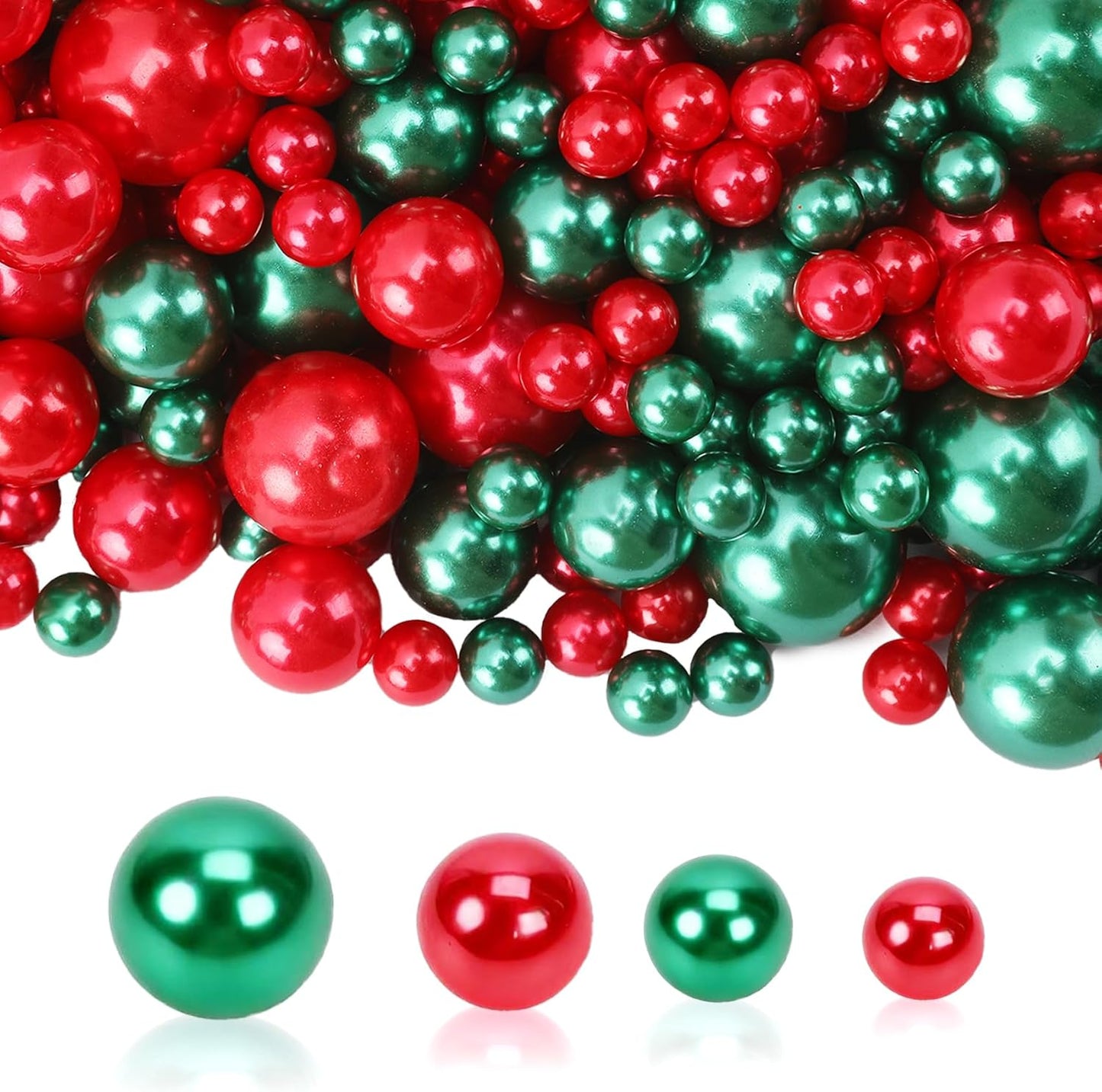 Pearl Beads No Hole Pearls for Crafting 180 Pcs Fake Pearls Faux Pearls for DIY Crafts Jewelry Making Vase Filler Floating Candle Wedding Birthday Party Home Decorations (Red & Green, 8/10/14/20mm)