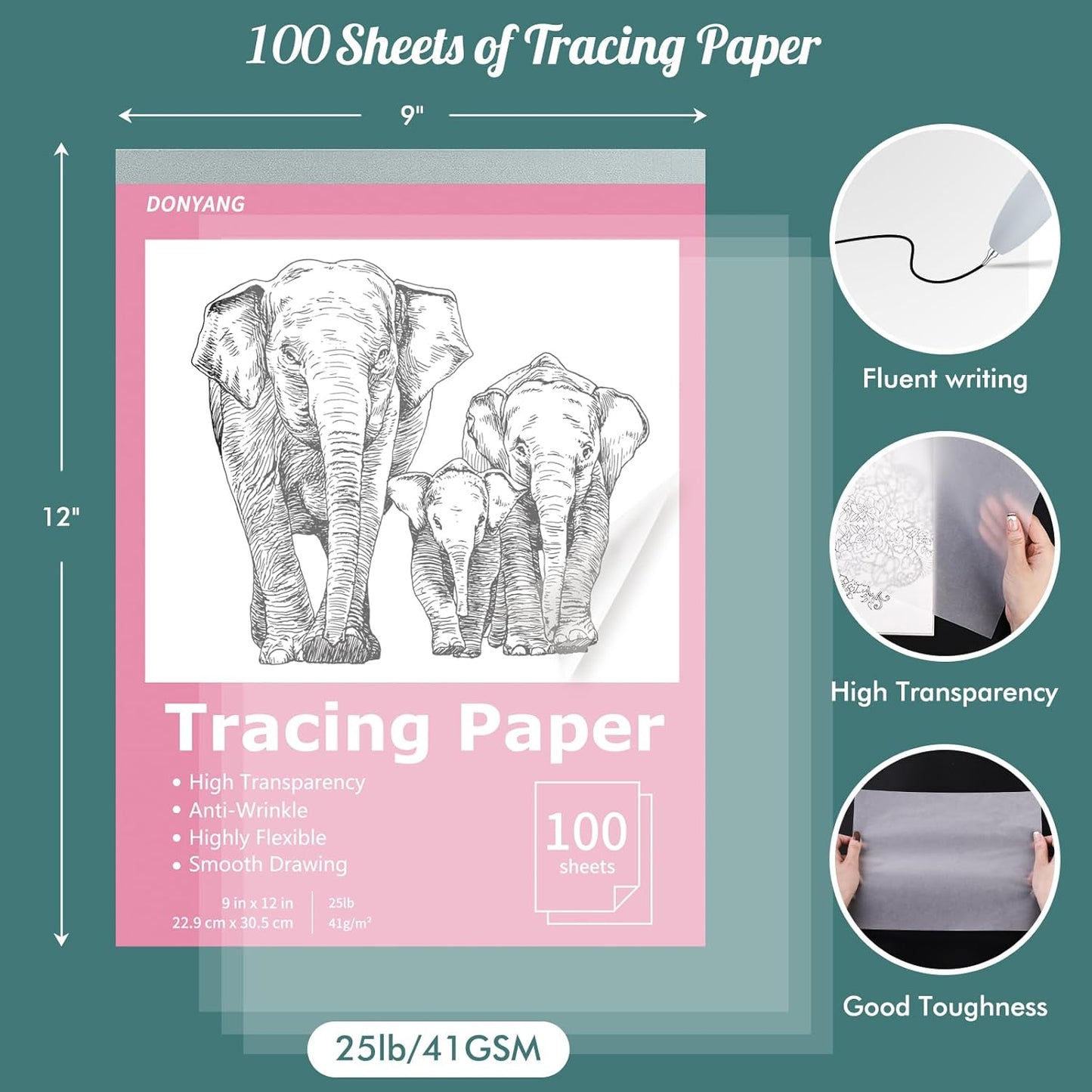 Tracing Paper 9x12 inch, 100 Sheets Transparent Vellum Paper for Tracing Pads, Translucent Tracing Paper for Pencil, Marker and Ink - Trace Images, Sketch, Preliminary Drawing, Overlays, Pink