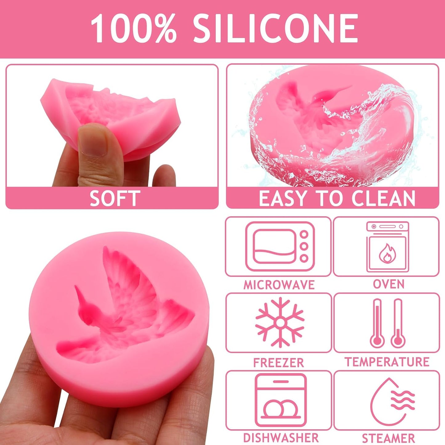 Hummingbird Silicone Fondant Mold, Bird Cake Decorating Mold, Pink, Set of 2