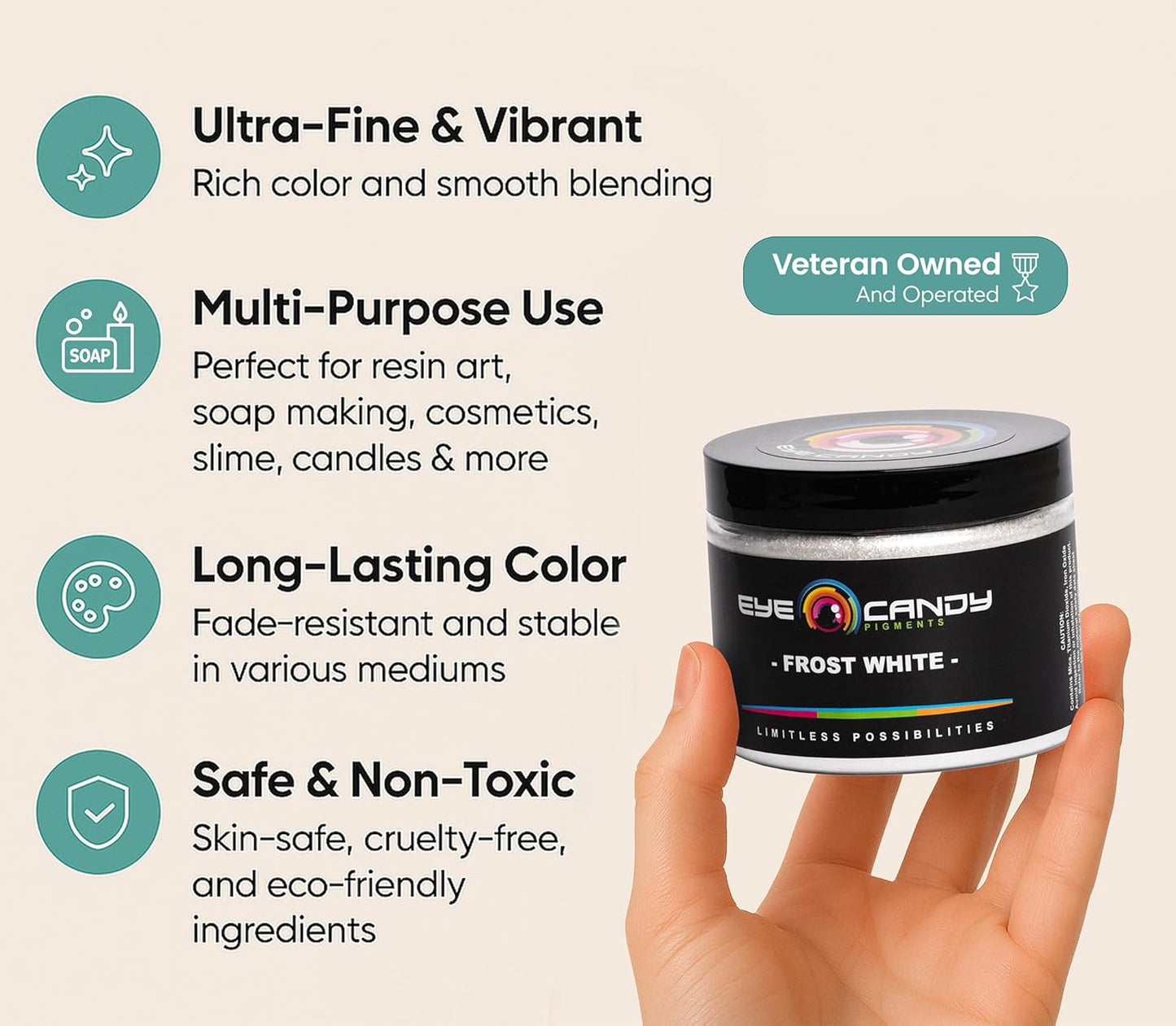 Eye Candy Pigments Premium White Mica Powder - Frost White (50gr) - for Epoxy, Resin, Soap, Paint, Woodworking, Acrylic Pouring, Bath Bombs, Fishing Lures - DIY Arts and Crafts Additive