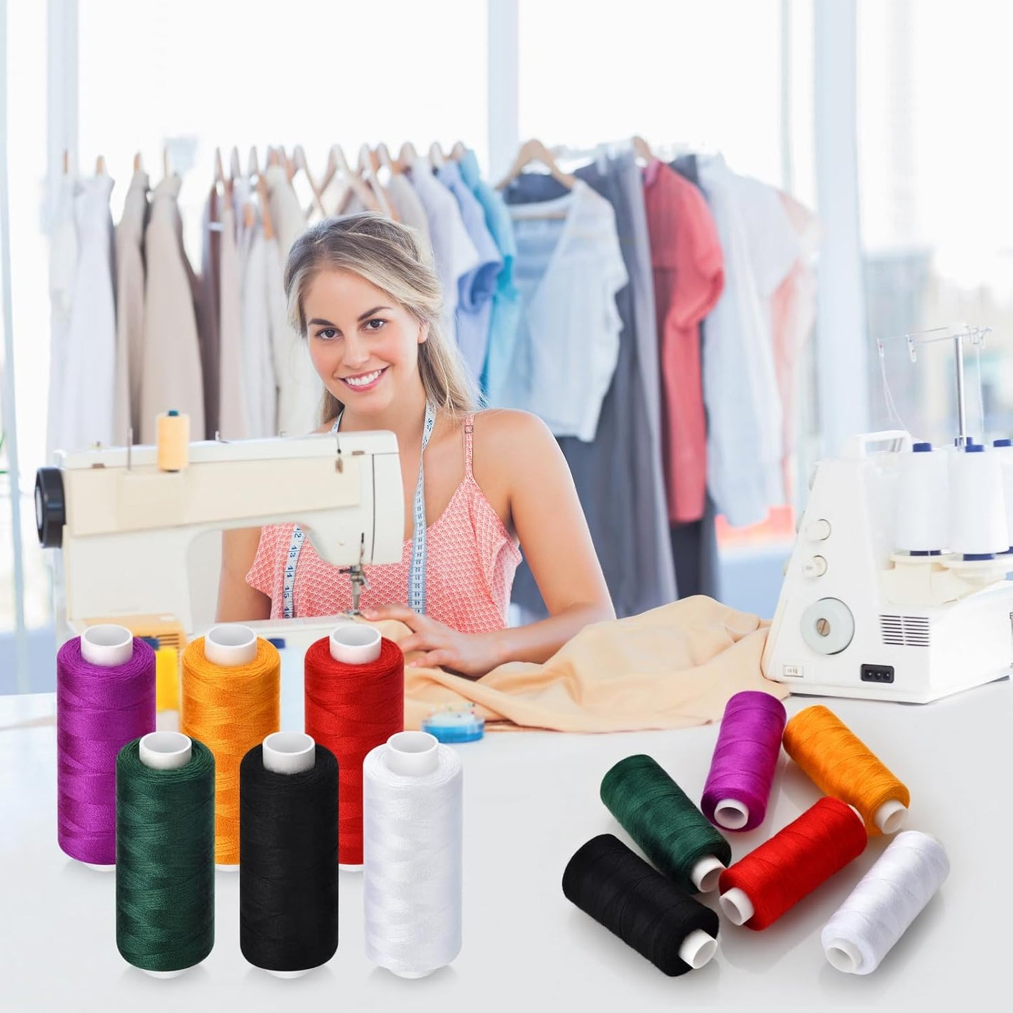 6 Pcs Sewing Thread Kit, 400 Yards Each Spool 402 Polyester Thread with Sewing Needle & Threader, Sewing Threads for Sewing Machine, Hand Stitching, Embroidery