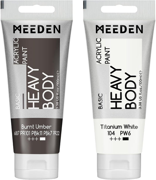 MEEDEN Acrylic Paint Burnt Umber: Bundled with Titanium White Color - 100ml/3.38oz x 2 Bulk Heavy Body Acrylic Paint Tubes for Art Craft Painting