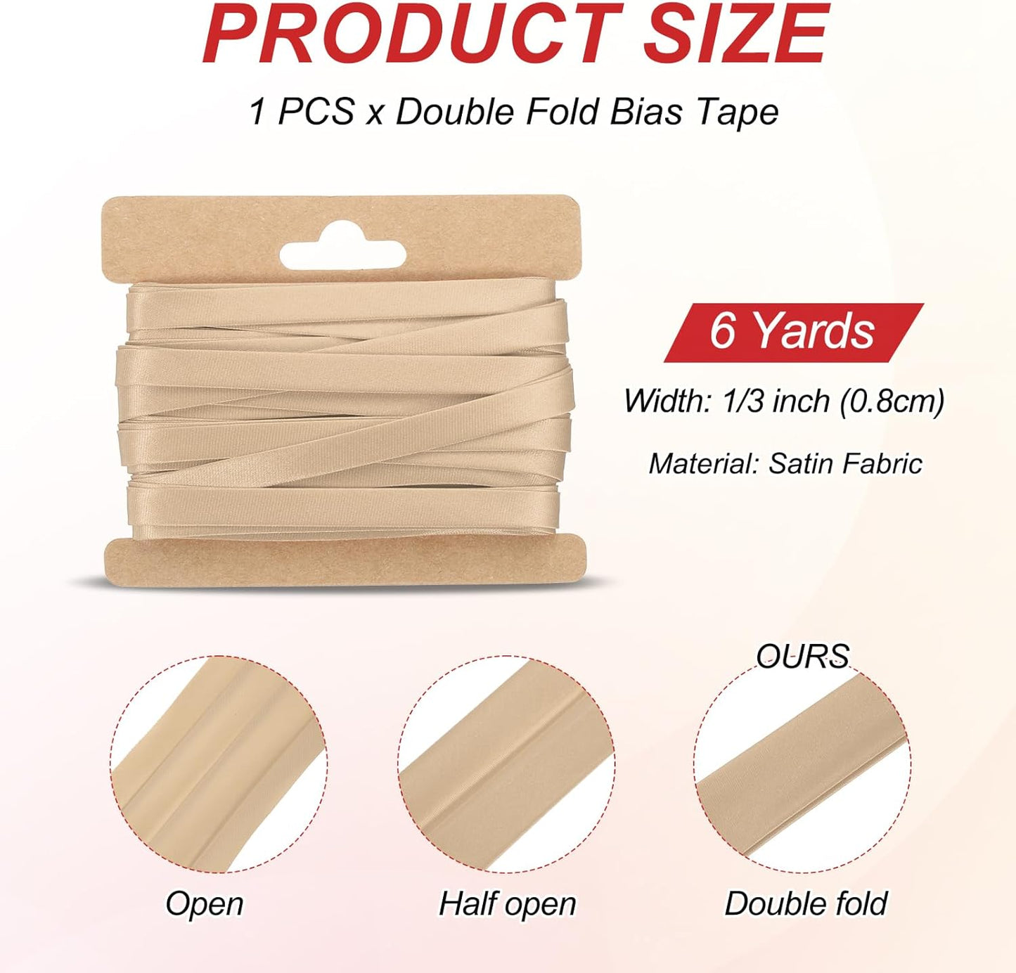 MECCANIXITY Double Fold Bias Tape for Sewing 1/3 Inch x 6 Yards Satin Pre-fold Continuous Binding Tape for Seaming Quilting Hemming Binding DIY Crafts, Light Brown