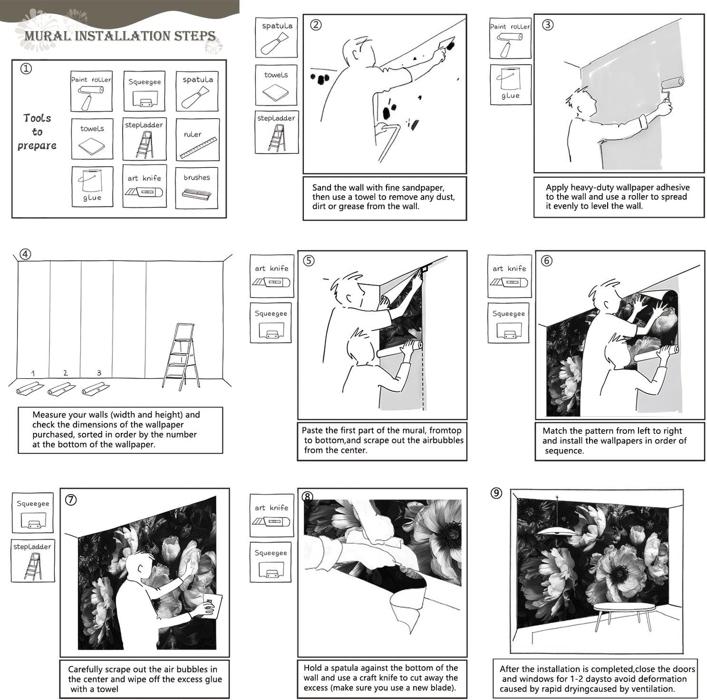 AFZEVEB-Black Peony Floral Wallpaper Vintage Large Flower Wall murals for Bedroom 182"x120"(Not Peel and Stick)