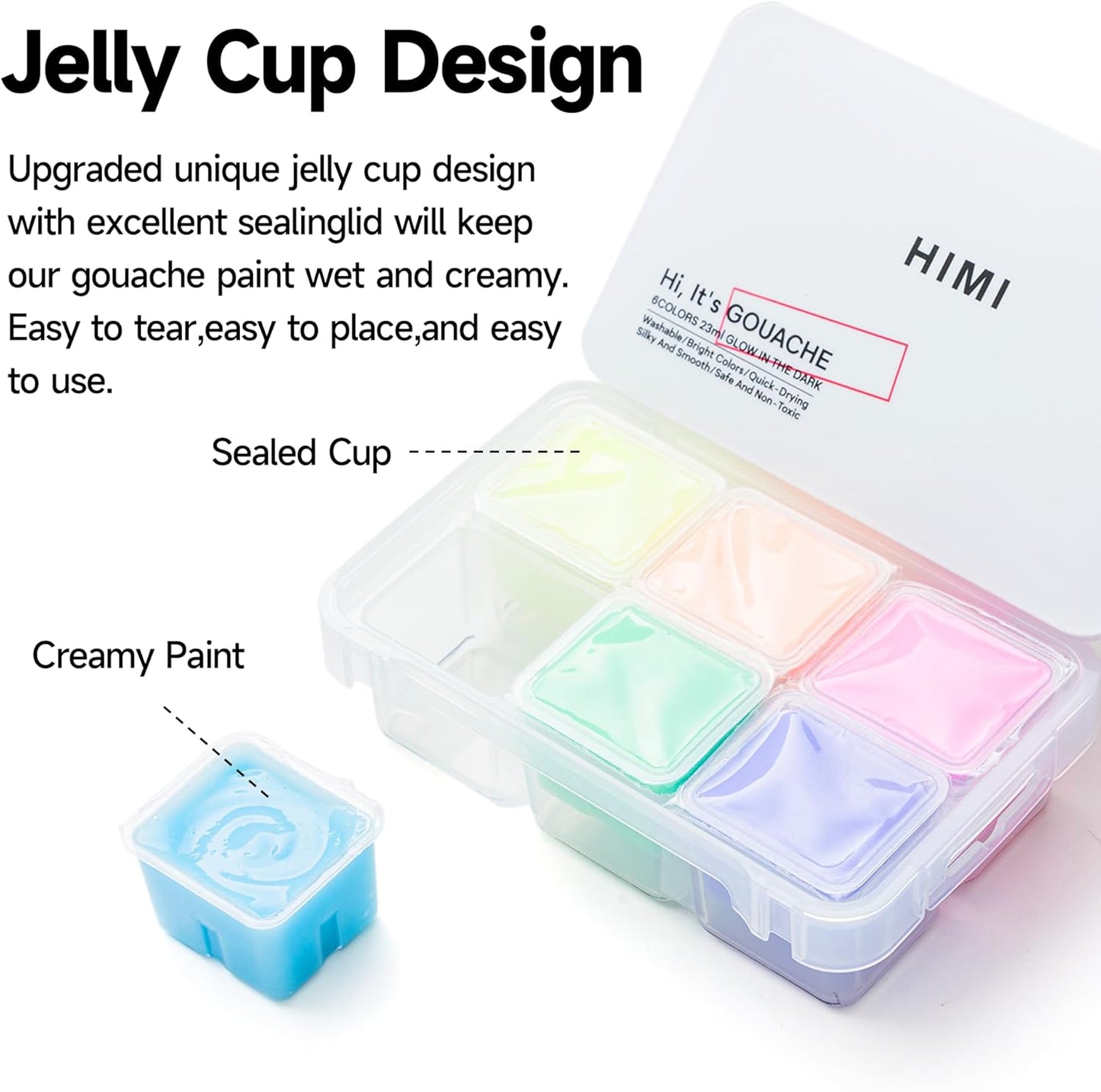 HIMI Glow in The Dark Jelly Gouache Paint Set, 6 Colors 23ml, Jelly Cup Design, Travel carry, Non Toxic Paint for Canvas and Paper, Art Supplies for Professionals