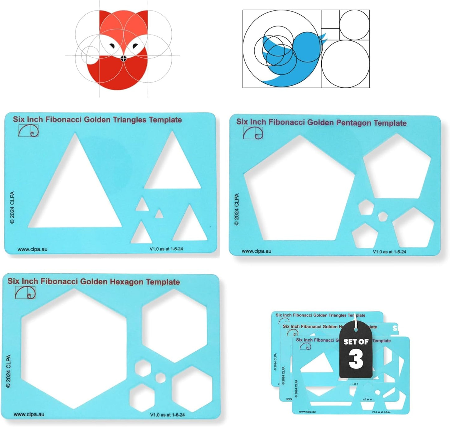 Set of Stencil Templates for Drawing: 6" Triangle, 6" Pentaton, 6" Hexagon Fibonacci-Inspired Set of Templates for Drawing Tool for Artists