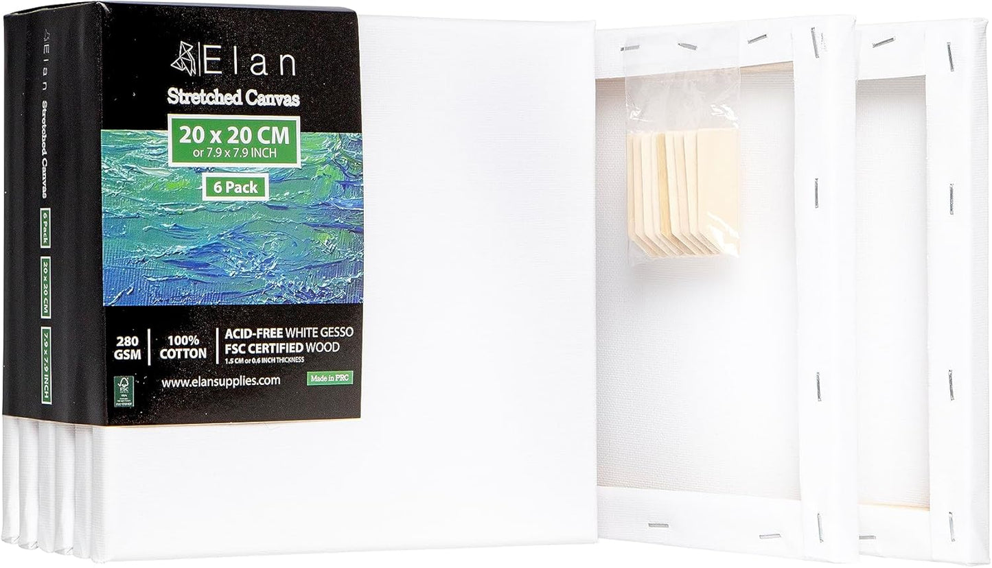 Elan Stretched Canvases 8x8, 6-Pack Canvases for Painting, Painting Canvas Bulk, Stretched Canvas for Adults Blank Canvas for Painting Painting Canvases, Paint Canvases for Painting, Art Canvas
