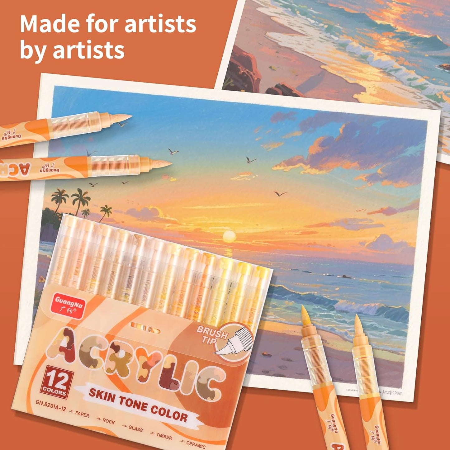 Guangna Acrylic Paint Markers 12 Colors, Skin Tone Series Set with Soft Brush Tip Water Based, Fine Tip Markers for Wood, Canvas, Rock Painting, Glass, Diy Crafts, Fabric Paint