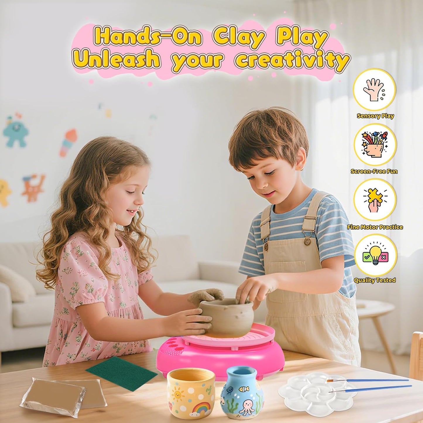 Pottery Wheel for Kids– Complete DIY Pottery Painting Kit for Ages 8-12 Beginners with 4 Air-Dry Clay Packs and Tools, Arts & Crafts Supplies Toys Birthday Gift for Boys Girls 6+ Years Old (Pink)