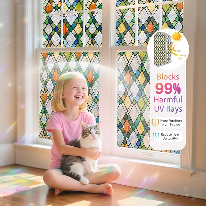 Lattice Stained Glass Window Film Static Cling with Tools - 23.6 x 78.7 Inch Non-Adhesive Privacy Decorative Rainbow Film for Windows, Doors, Sidelights - Easy Install & Remove