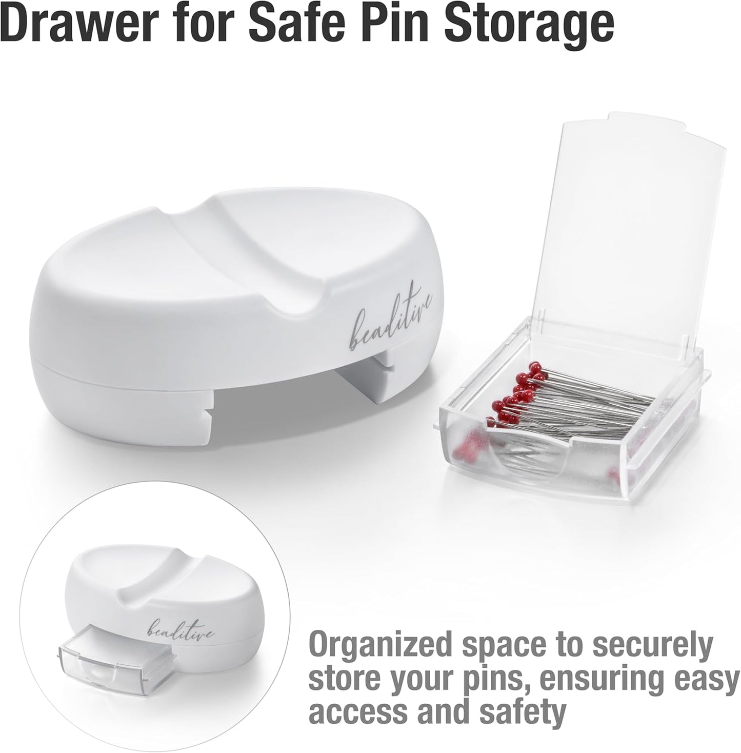 Beaditive Magnetic Pin Cushion with Drawer - Strong Magnet Pin Holder Cushions for Sewing - 50 Glass Head Quilting Pins Included - Chic Pincushion Caddy for Sewing Pins, Paper Clips, Screws – White