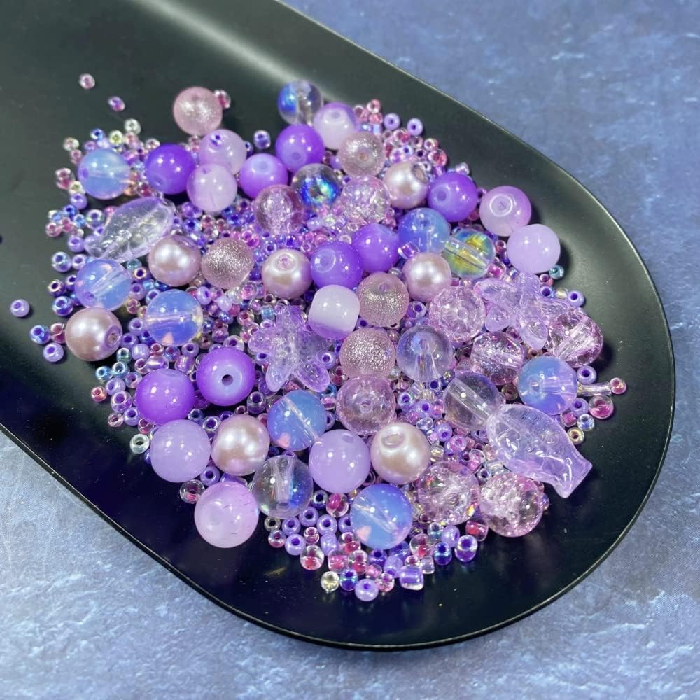Assorted Glass Resin Beads Multi Size Colors Smooth Cracked Gravel Millet Spacer Beads for Bracelets Necklace Earring DIY Jewelry Making Craft(Lilac Violet Series)