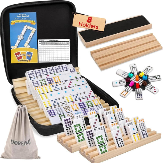 Mexican Train Dominoes Set with 8 Wooden Holders, Double 12 Colored Dot Dominoes with Update Hub, Travel Domino Train Game with 91 Tiles and Portable Carry Case, Family Board Team Games